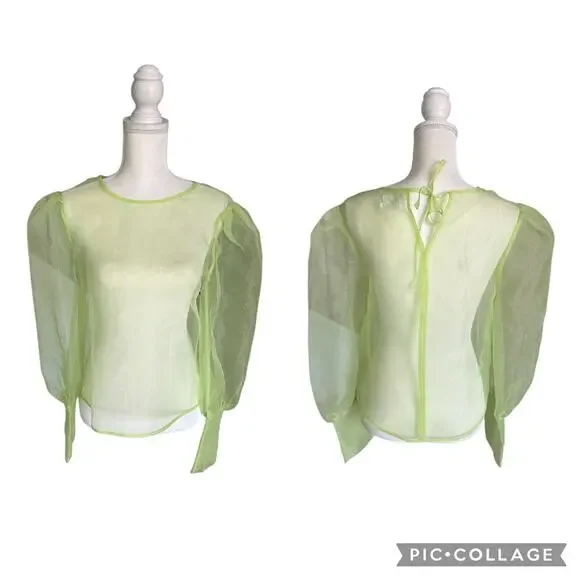 Grey Lab Sheer Neon Green Long Sleeve Keyhole Back Tie Closure Blouse Size Large - Picture 3 of 10